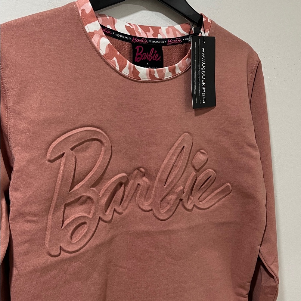 NWT Barbie Sweater XS Oversized Pink Camo Sweatshirt Collab Casual Ugly Dukling